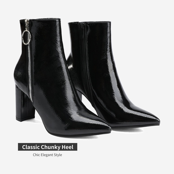Chunky High Heel Ankle Boots - BLACK PAT - 4